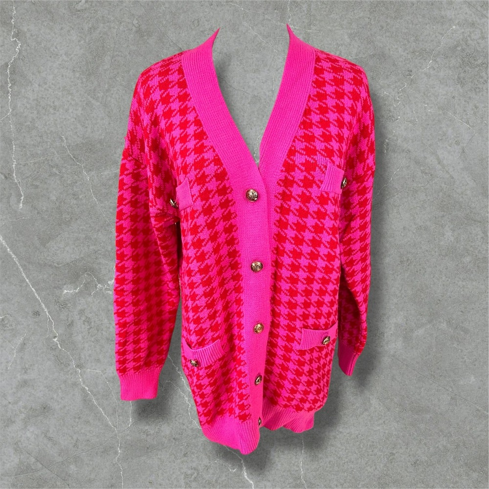Jess‎ Lea NWOT SZ SM Pink Red Houndstooth Knit Button Front Cardigan Sweater